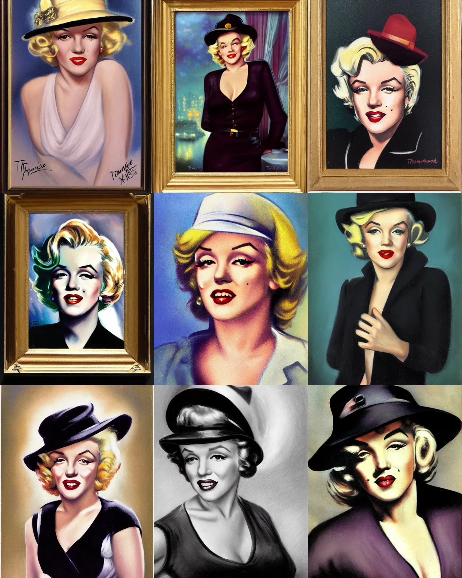 Prompt: Marilyn Monroe as Female investigator, wearing hat, 1920s, portrait by Thomas Kinkade