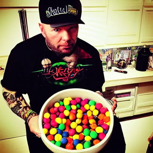 Prompt: “ fred durst eating a giant bowl of skittles ”