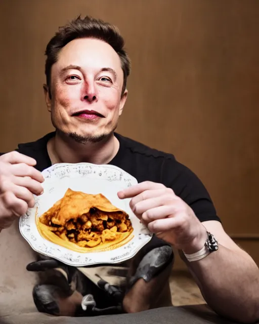 Image similar to a portrait of elon musk sitting at the dining table with a plate containing samosa in front of him, highly detailed, trending on artstation, bokeh, 9 0 mm, f / 1. 4