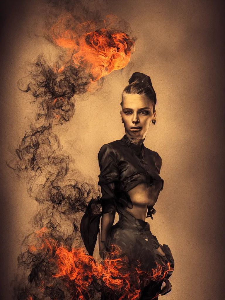 Image similar to a portrait of a beautiful young woman made of smoke and ember, high contrast, hdr, by enki bilal and daarken