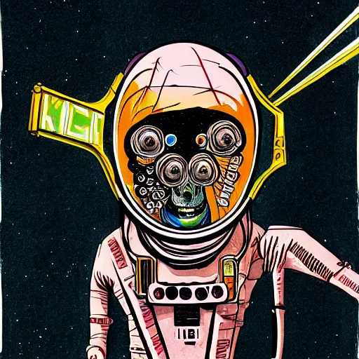 Image similar to graphic illustration, creative design, a magician astronaut, biopunk, francis bacon, highly detailed, hunter s thompson, concept art