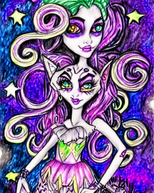 Image similar to josephine wall watercolor pencil drawing of a monster high universe clawdeen wolf fullmoon, stars, sigils and doodles around her, doodles of chibi jesters