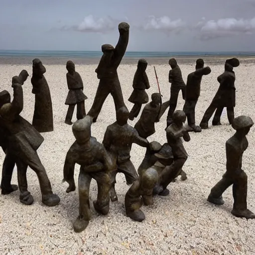 Prompt: This sculpture depicts a scene from the Spanish Civil War, which was a time of great turmoil and strife in Spain. The sculpture shows a group of people on a beach, with the ocean in the background. The people in the sculpture are all different sizes and shapes, and they are all looking in different directions. The sculpture is full of color and movement, and it is very expressive. The sculpture is also very powerful and emotional, and it has a very strong impact on the viewer. illuminated codex gilded by Victor Adame Minguez, by Robert Vonnoh elaborate, offhand