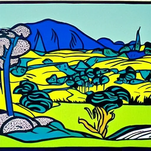 Image similar to painting of a lush natural scene on an alien planet by roy lichtenstein. beautiful landscape. weird vegetation. cliffs and water.