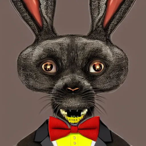 Image similar to A extremely highly detailed majestic hi-res beautiful, highly detailed head and shoulders portrait of a scary terrifying, horrifying, creepy black cartoon rabbit with a bowtie and scary big eyes, earing a shirt laughing, hey buddy, let's be friends, in the style of Walt Disney