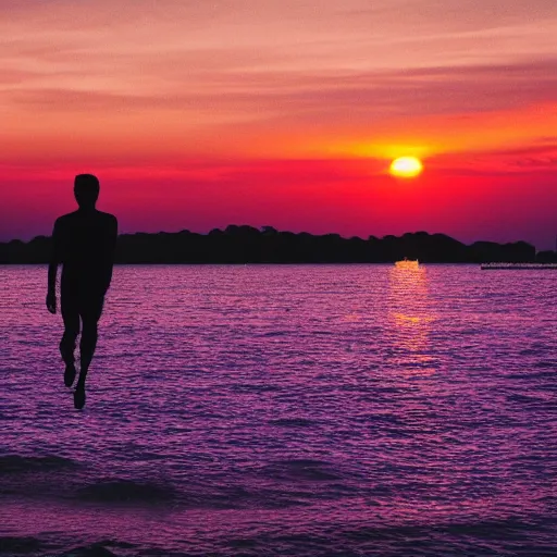 Prompt: purple sunset with a real black silhouette of a man walking on water, the sky falls to the ground, high detail