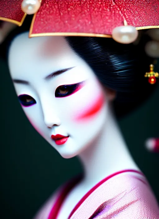 Prompt: Geisha extreme closeup photo portrait, beautiful pale makeup, pearlescent skin, elegant pose, very detailed, highly detailed kimono, photorealism, artstation, different point of view, sharp focus, photorealistic, soft diffuse autumn lights, some sunlight ray, dark room wall, canon 5D 50 mm lens, zen natural background