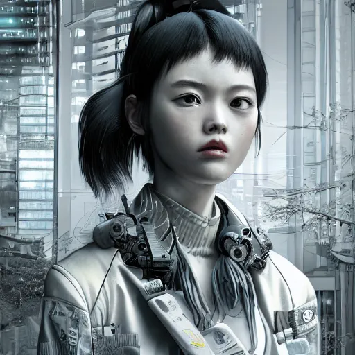 Image similar to the portrait of an absurdly beautiful, graceful, sophisticated, fashionable cyberpunk japanese school girl, an ultrafine hyperdetailed illustration by kim jung gi, irakli nadar, greg rutkowski, intricate linework, complex wiring, porcelain skin, machine guns, unreal engine 5 highly rendered, global illumination, radiant light, detailed and intricate environment