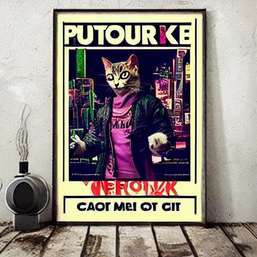 Prompt: cyberpunk cat, retro, movie poster