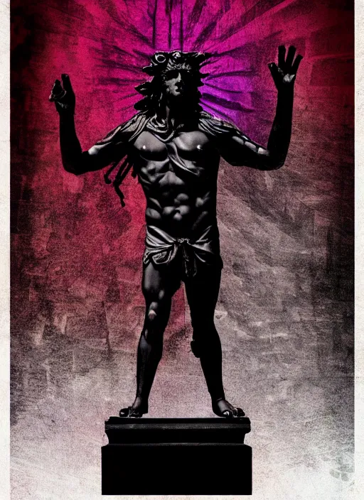 Prompt: elegant dark design poster showing a large greco roman statue of dionysus, black background with very subtle red and purple design elements, bold, powerful, nekro, vito acconci, thin straight purple lines, dark, glitch art, neo vaporwave, gritty, layout frame, square, trending on artstation