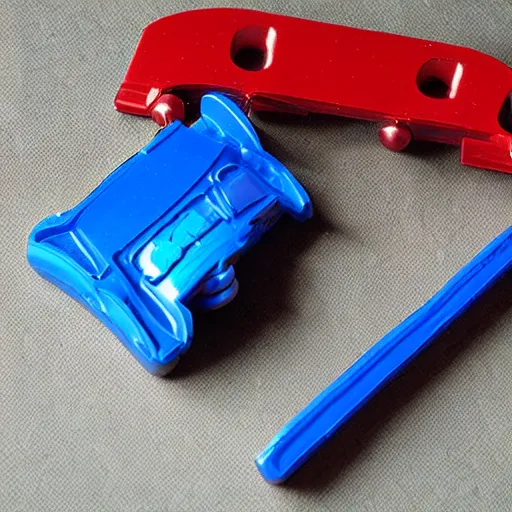 Image similar to photograph of a red and blue bleyblade toy