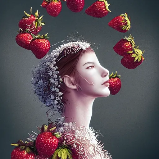 Image similar to the professional photoshoot of an absurdly beautiful, graceful, elegant, sophisticated, fashionable young woman made of strawberries and white petals, an ultrafine hyperdetailed illustration by kim jung gi, irakli nadar, intricate linework, bright colors, octopath traveler, final fantasy, unreal engine 5 highly rendered, global illumination, radiant light, detailed and intricate environment