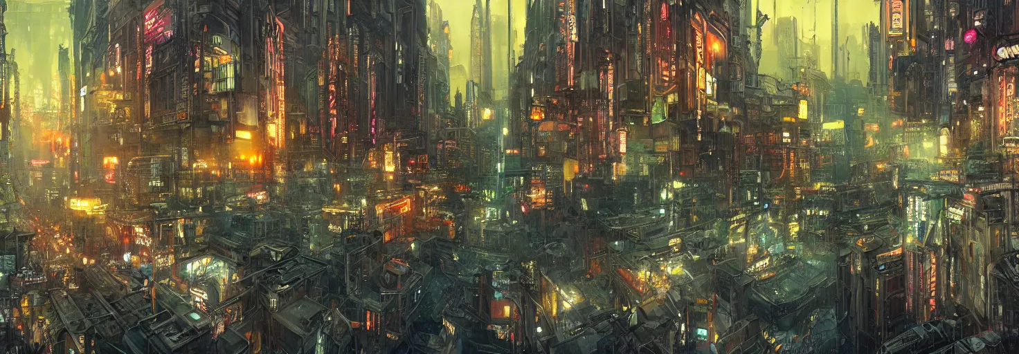 Image similar to Panorama hyper detailed painting of a polluted cyberpunk cityscape with art nouveau styled architecture and blade runner aesthetics at night, 8 mm, highly detailed, digital mixed media style painting, artstation, concept art, smooth, sharp focus, illustration, hyperrealism, photorealism, art by bill sienkiewicz, greg rutkowski and alphonse mucha