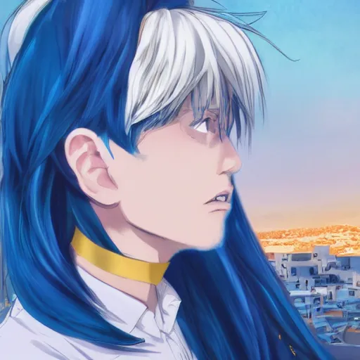 Image similar to side profile of rimuru tempest crying with sky blue hair, long hair, gold eyes, black jacket with white stripes and a high collar | highly detailed, greek city in the background, professional digital painting, digital art, concept art, award - winning photography, cinematic, wlop | art by pixiv art, ilya kuvshinov, yoshitaka amano