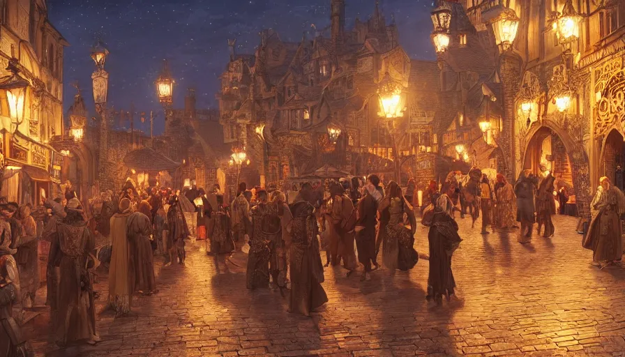 Image similar to medieval city festival near lake at night, beautiful lit lamps, 8 k highly detailed art, intricate, stanley lau, artgerm, artstation, smooth, far shot, wlop, alphonse mucha, cinematic shot, cinematic lighting