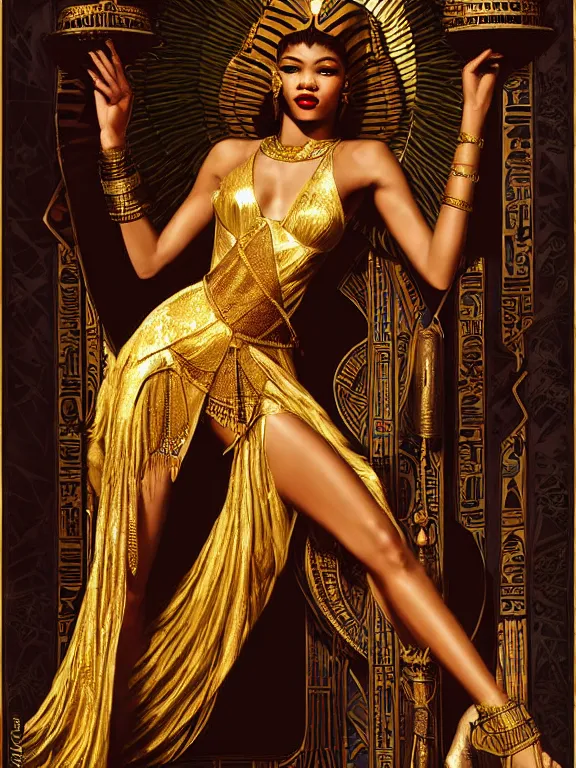Image similar to zendaya as the Egyptian goddess bast, a beautiful art nouveau portrait by Gil elvgren, Nile river environment , centered composition, defined features, golden ratio, gold jewelry