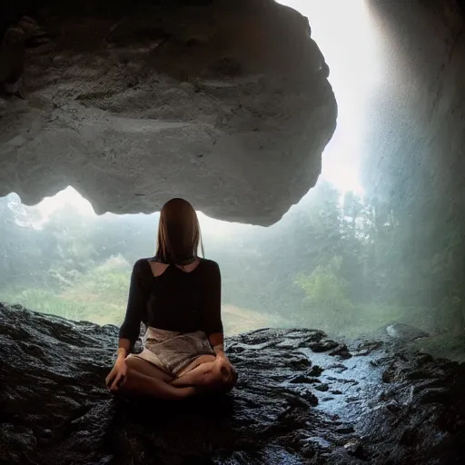 Prompt: Woman sitting under a ginormous rock overhead, partially cupping her hands, gesturing it outward!!!!! to the camera!!!!!, in a rainy environment, fisheye!!!!! lens!!!!!, rainy and wet atmosphere, closeup, dark and grim lighting, trending on artstation, 4k, 8k