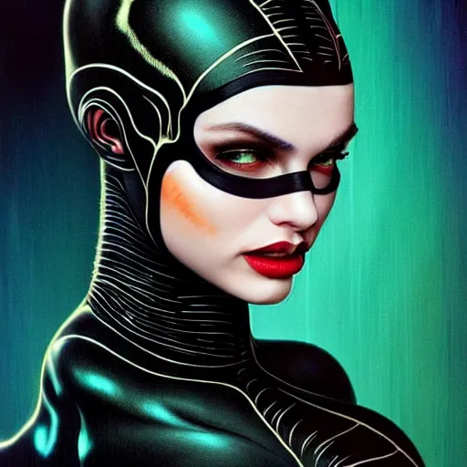 Prompt: catwoman transcendental reality, altered states, intricate, elegant, wavy, zig zag, jagged, varnished, rgb crt scanlines, highly detailed, smooth, sharp focus, award - winning, masterpiece, in the style of tom bagshaw, cedric peyravernay, peter mohrbacher, pinterest, m. c. esther