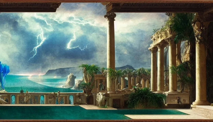 Image similar to from inside the giant palace, mediterranean balustrade and columns, refracted line and sparkles, thunderstorm, greek pool, beach and tropical vegetation on the background major arcana sky and occult symbols, by paul delaroche, hyperrealistic 4 k uhd, award - winning, very detailed paradise