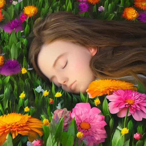 Image similar to girl sleeping on a big flower, illustrated painting, incredible details, highly detailed, photorealistic, disney pixar, smooth, octane render, iridescent, 8 k