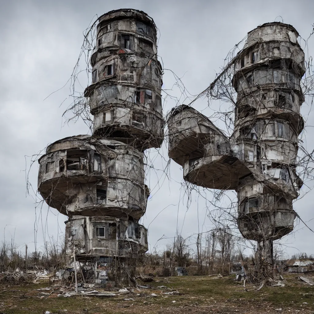 Image similar to a circular tower, made up of makeshift squatter shacks, dystopia, sony a 7 r 3, f 1 1, fully frontal view, photographed by jeanette hagglund