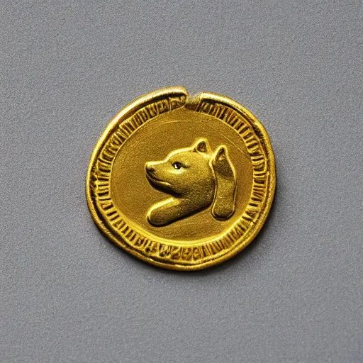 Image similar to an ancient roman gold coin with the face of a shiba inu, close up photo, ultra realistic, studio photo, bokeh. intricate details.