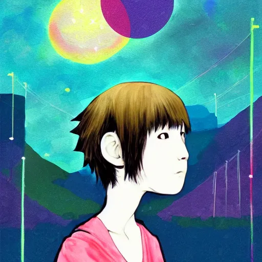 Image similar to a painting of a polygon art monkey portait by inio asano, aya takano color style, 4 k, super detailed, night sky, digital art, digital painting, celestial, majestic, colorful