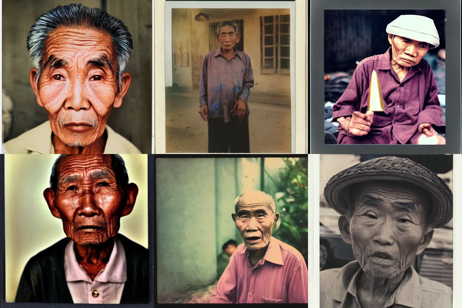 Prompt: A old Vietnamese man with giant brows looking scared to the camera, polaroid photo, colored, award winning