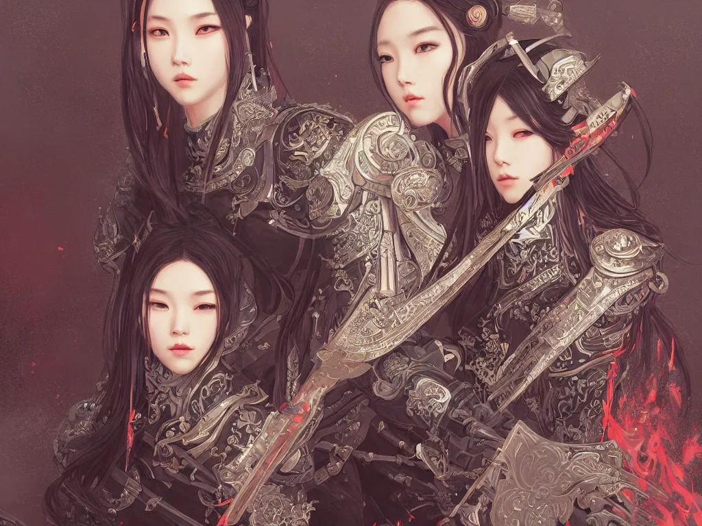Image similar to portrait jisoo blackpink samurai girl, grey hair armored samurai clothes, in fire japanese temple wet night, ssci - fi and fantasy, intricate and very very beautiful and elegant, highly detailed, digital painting, artstation, concept art, smooth and sharp focus, illustration, art by tian zi and wlop and alphonse mucha