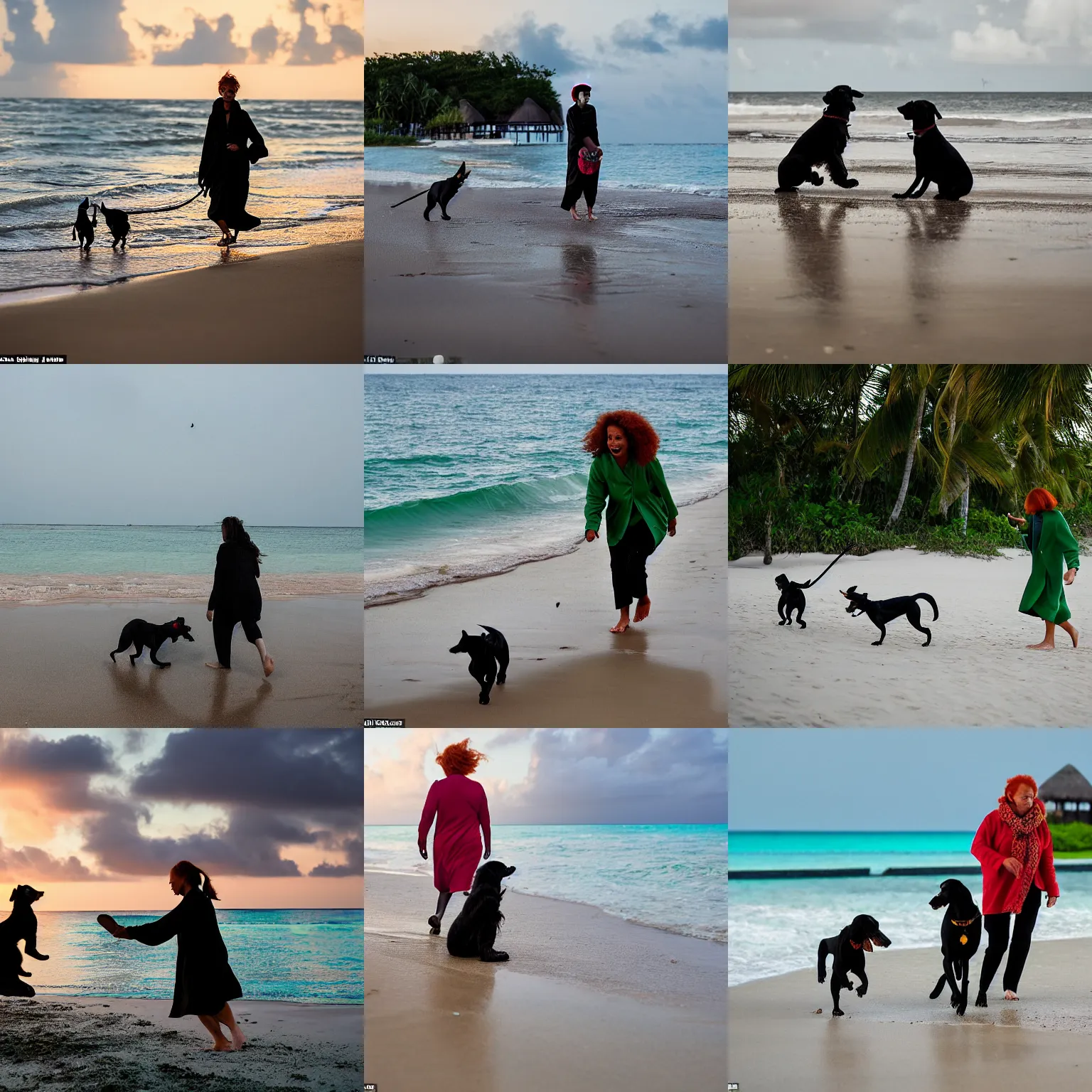 Prompt: a ginger woman in a green coat playing catch with her two black dachshunds on the beach on a rainy day in the maldives at dusk