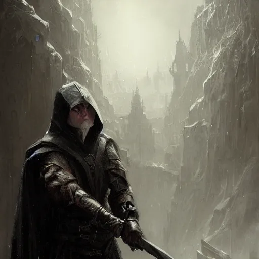 Image similar to portrait of a small pale cowardly man wearing dark hood, fantasy artwork, high fantasy, by greg rutkowski