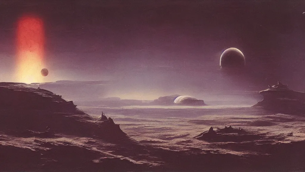 Image similar to otherworldly atmosphere of the first spaceship on venus by arthur haas and bruce pennington and john schoenherr, cinematic matte painting