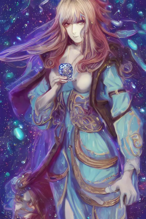 Prompt: acid trip, hall of mirrors, intricate, highly detailed, anime, 4k, a beautiful seductive lucina from fire emblem holding a crystal containing the universe, with professional makeup, long trippy hair, surrounded by gems, underneath the stars, trending on patreon, deviantart, twitter, artstation, volumetric lighting, heavy contrast, by artgerm and Ilya Kuvshinov and alphonse mucha