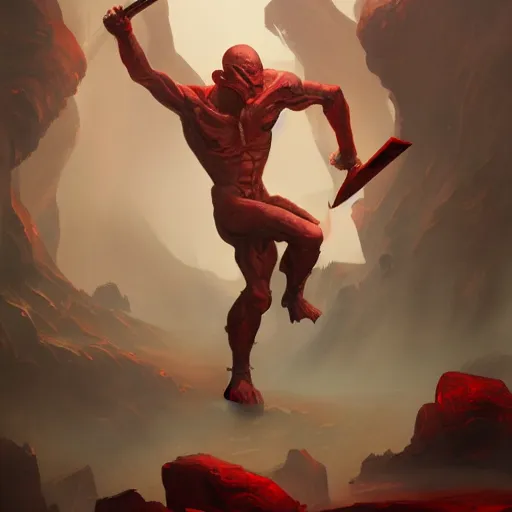 Image similar to wide shot, fantasy painting of a pale man with a two-handed black blade covered in red runes, painted by Bayard Wu, ultra detailed, 8k