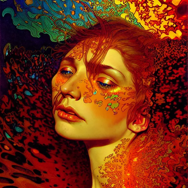 Image similar to psychedelic transcendent freckled face mind bending psychedelic wings of glossy liquid honey flowing like kaleidoscopic translucent amber, lsd feathers, honey wind, enlightenment, high contrast dappled lighting, refracted sunset, highly detailed, concept art, art by collier, albert aublet, krenz cushart, artem demura, alphonse mucha