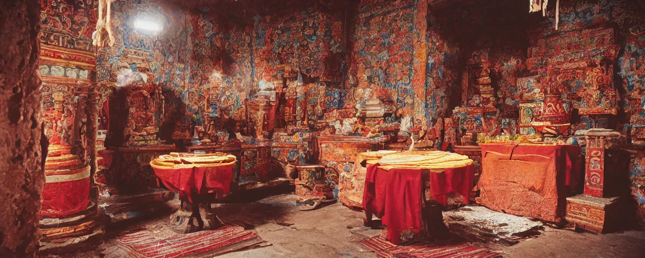Image similar to an ancient tibetan temple with spaghetti, canon 5 0 mm, cinematic lighting, photography, retro, film, kodachrome, closeup