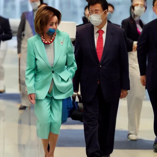 Prompt: Nancy pelosi arriving in Taiwan carrying a AK-47