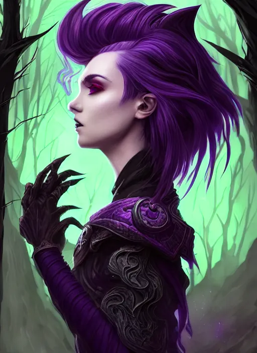 Image similar to side portrait dark witch, adventurer outfit large cloak, fantasy forest landscape, dragon scales, fantasy magic, undercut hairstyle, short purple black fade hair!!!!!!, dark light night, intricate, elegant, sharp focus, illustration, highly detailed!!!!!!!, digital painting, concept art, green neon smoke, matte painting, art by WLOP and Artgerm and Greg Rutkowski and Alphonse Mucha, masterpiece