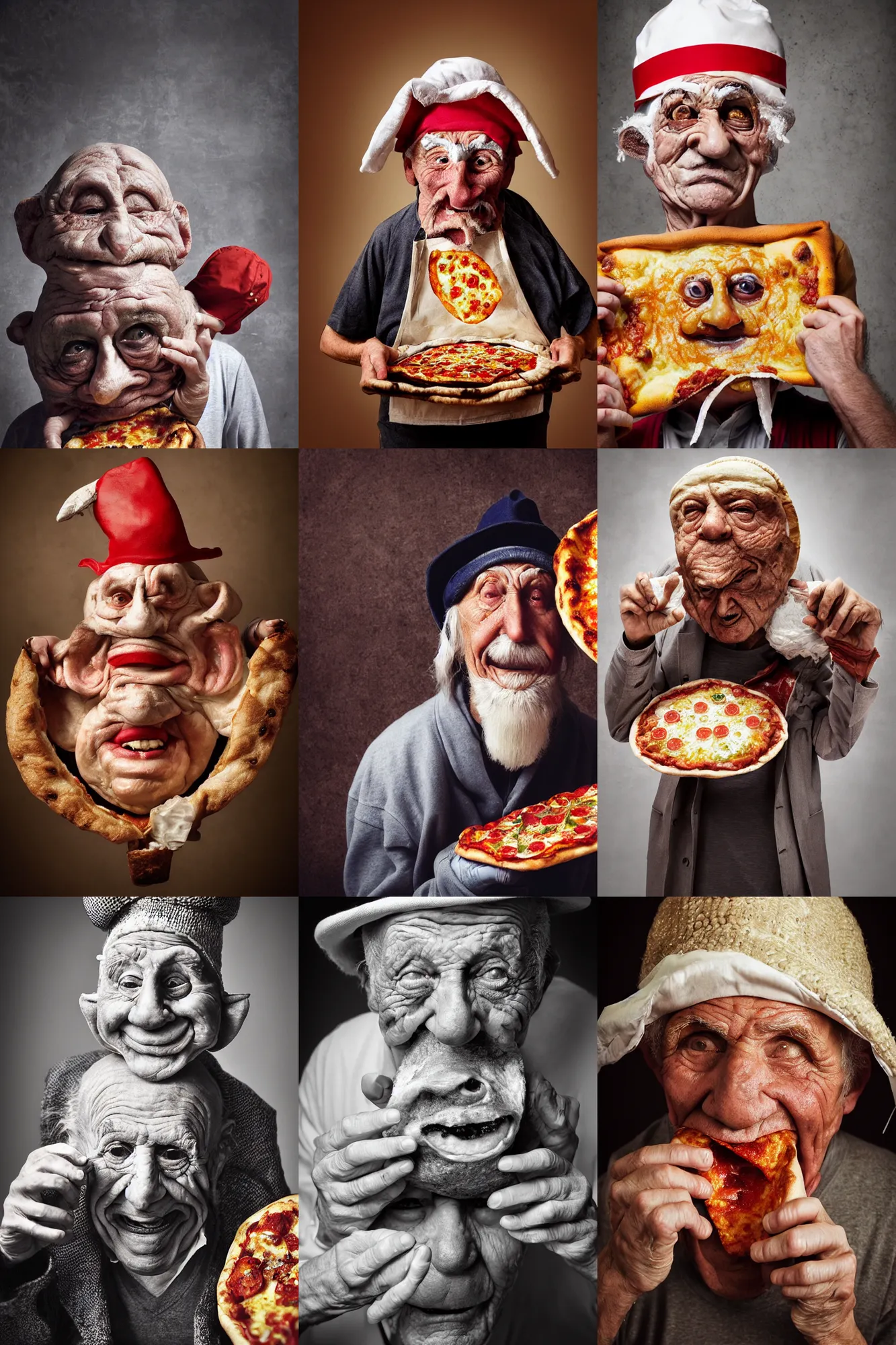 Prompt: close - up portrait of a wrinkled old man wearing a pulcinella mask holding up a pizza!! to behold, clear eyes looking into camera, baggy clothing and hat, masterpiece photo by michal karcz and yoshitaka amano