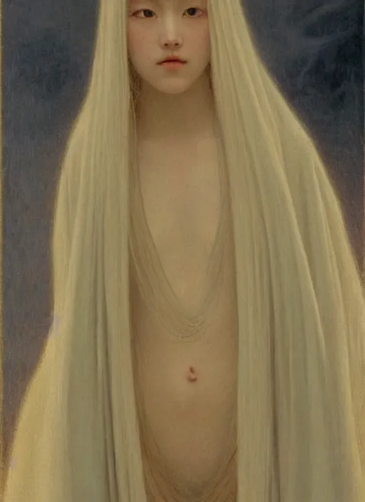 Image similar to thin young angel with silver hair, pale!, wearing robes, female goddess, flowing hair, pale smooth, young cute wan asian face, covered!!, oil on canvas by jean delville, 4 k resolution, aesthetic!,