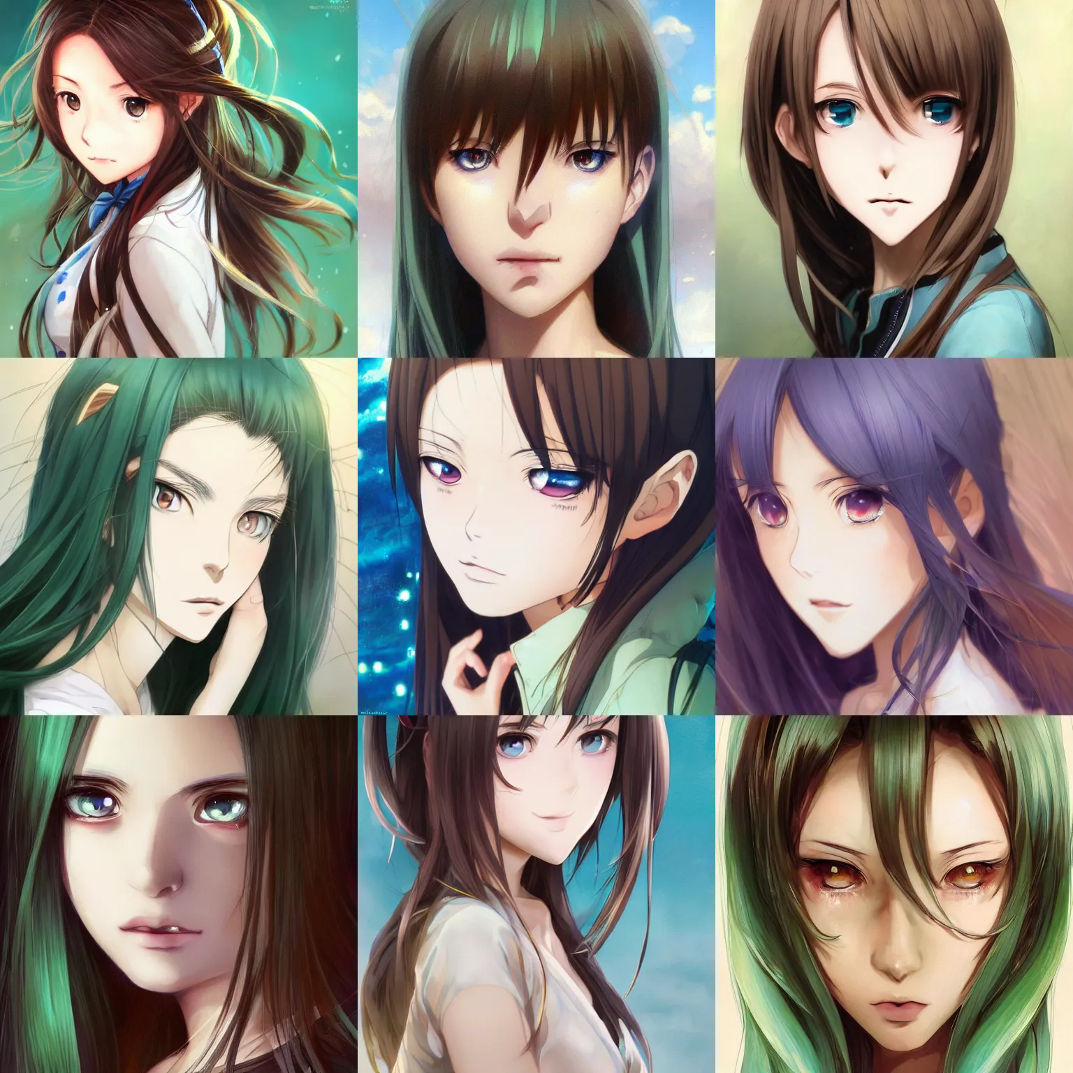 Prompt: An anime portrait of a woman with straight brown hair, a part in her hair, with bright bluish-greenish eyes, and large eyebrows, without glasses, medium shot portrait, by Stanley Artgerm Lau, WLOP, Rossdraws, James Jean, Andrei Riabovitchev, Marc Simonetti, and Sakimi chan, trending on artstation