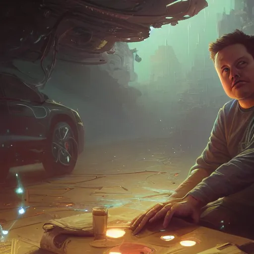 Image similar to Highly detailed portrait of fat Elon Musk, Stephen Bliss, unreal engine, fantasy art by Greg Rutkowski, Loish, Rhads, ferdinand knab, Makoto Shinkai and Lois van baarle, ilya kuvshinov, rossdraws, Tom Bagshaw, alphonse mucha, global illumination, radiant light, detailed and intricate environment