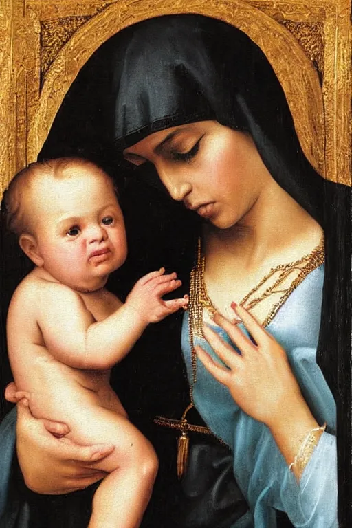 Image similar to kim kardashian as the madonna with child, painting by old dutch masters