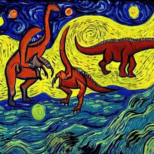 Image similar to painting of the extinction of the dinosaurs with asteroid and fire, in the style of vincent van gogh