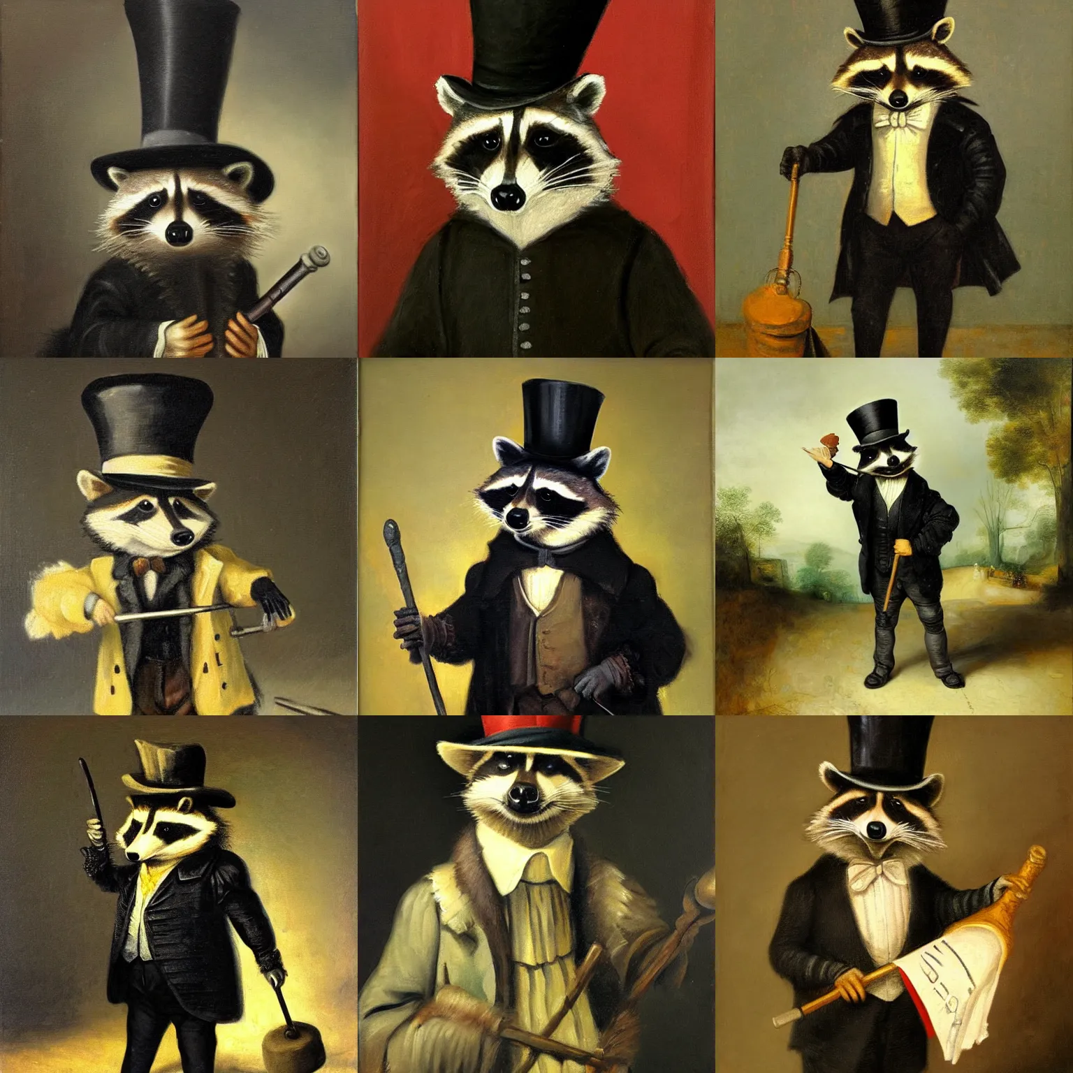 Prompt: a raccoon wearing formal clothes, wearing a tophat and holding a cane. the raccoon is holding a garbage bag. oil painting in the style of rembrandt
