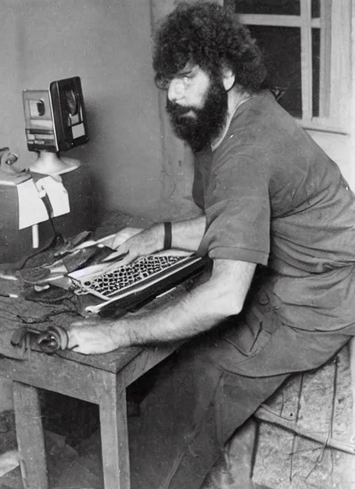 Image similar to old photo of a caveman using a laptop computer