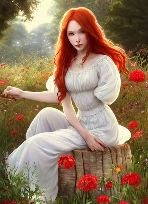 Prompt: a beautiful red haired girl in white dress sitting on wooden trunk in a garden holding a bunch of wild flowers, deep focus, d & d, fantasy, intricate, elegant, highly detailed, digital painting, artstation, concept art, matte, sharp focus, illustration, hearthstone, art by artgerm and greg rutkowski and alphonse mucha