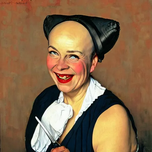 Prompt: Frontal portrait of a happy bald woman with horns. Painting by Norman Rockwell.