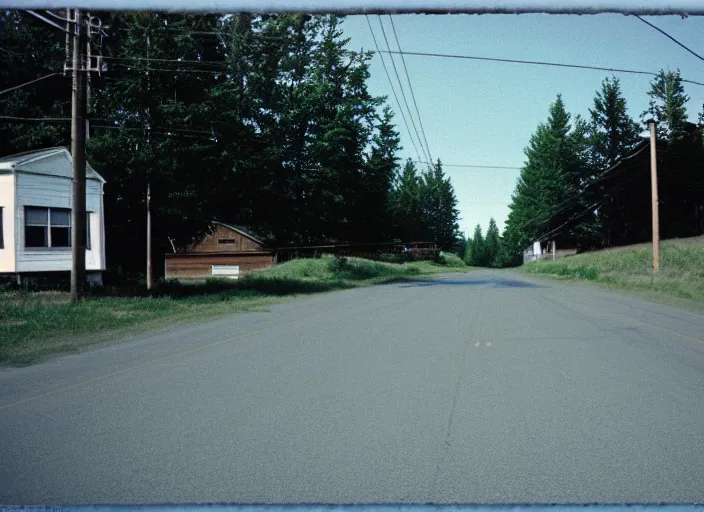 Image similar to A disposable camera picture of an empty street in a small rural Canadian suburb, Kodak Fling 200, 1983