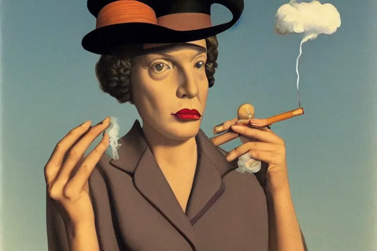 Image similar to a lit joint lying in an ashtray, slow, smoke in the shape of a woman's face, surreal, magritte